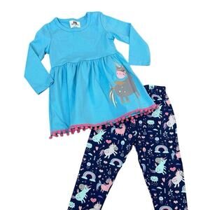 Unicorn Long Sleeve Blue Pink Tunic & Leggings Cotton Outfit Set Girls 3T NEW